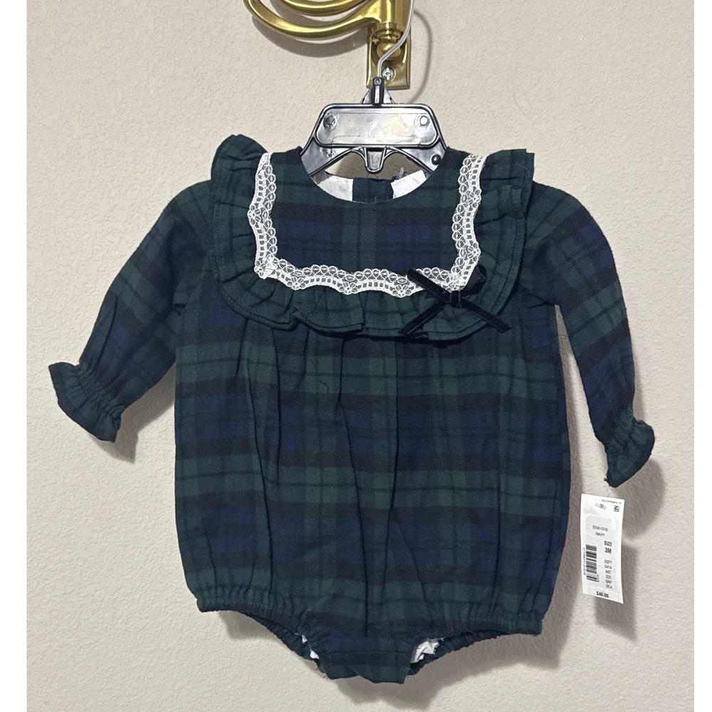 NWT Edgehill Collection Plaid Romper 3M Green Black Watch Lace Ruffle Holiday